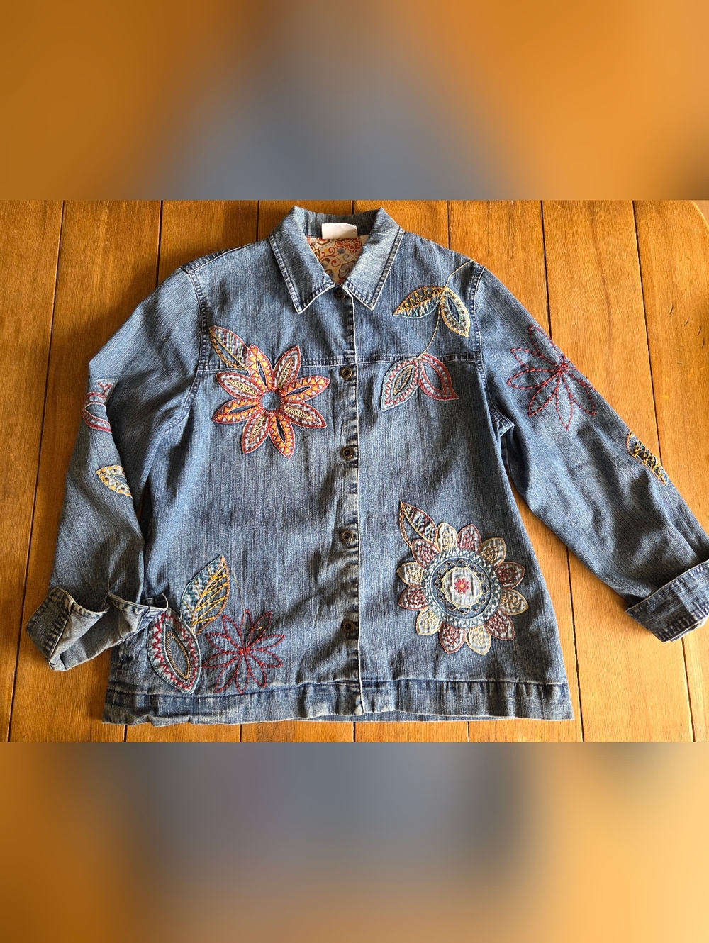 Alfred Dunner Blue Denim Jacket with Multicolor Floral Embroidery